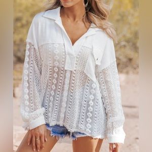 Ribbed Knit Lace Crochet Contrast Top White Oversized